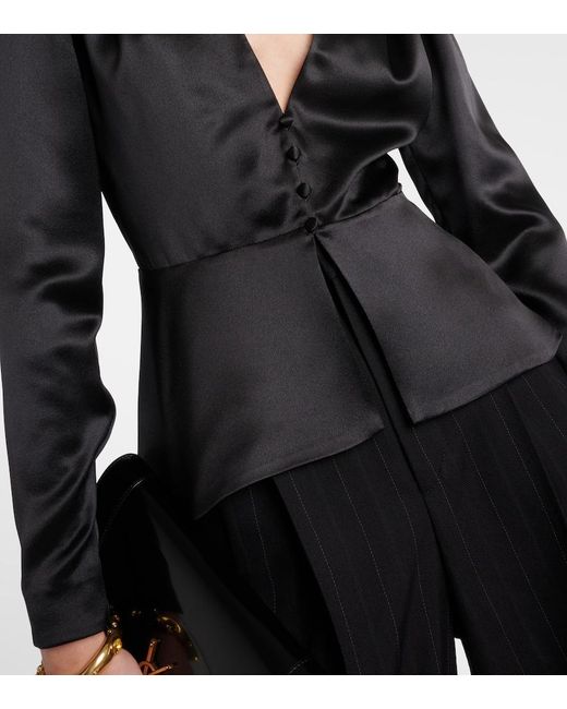 Blusa de saten de seda con peplum Saint Laurent de color Black