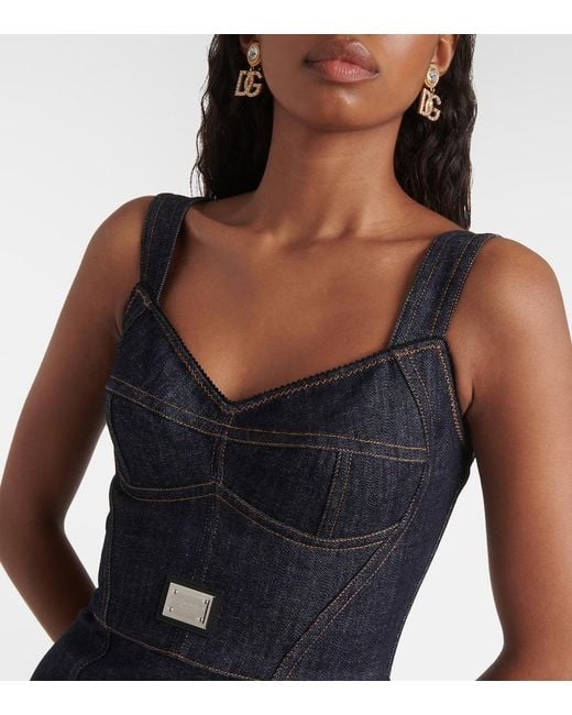 Dolce & Gabbana Black Logo Embroidered Denim Midi Dress