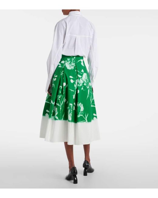 Erdem Green Pleated Floral Cotton Midi Skirt