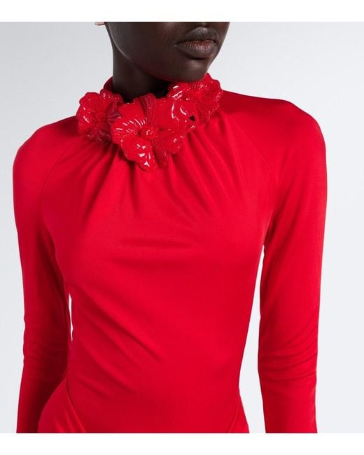 David Koma Red Draped Floral-Applique Gown