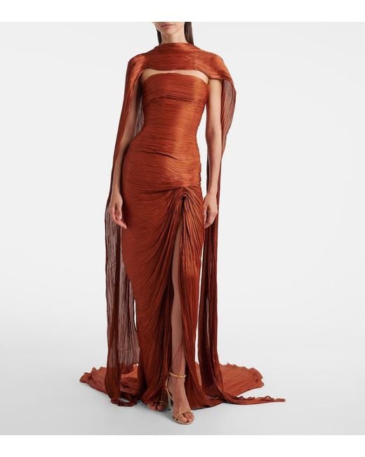 Marmar Halim Red Draped Pleated Scarf-Detail Bustier Gown