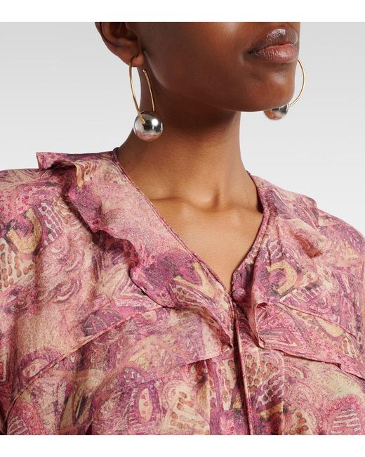 Isabel Marant Pink Charis Printed Ruffled Silk Blouse