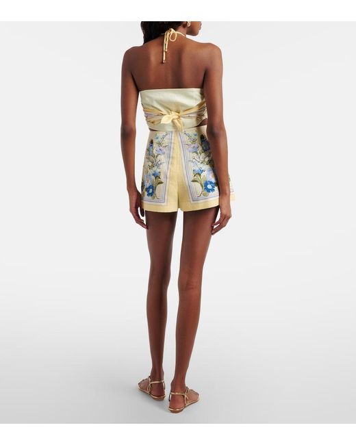 Self-Portrait White Floral Linen And Cotton Shorts