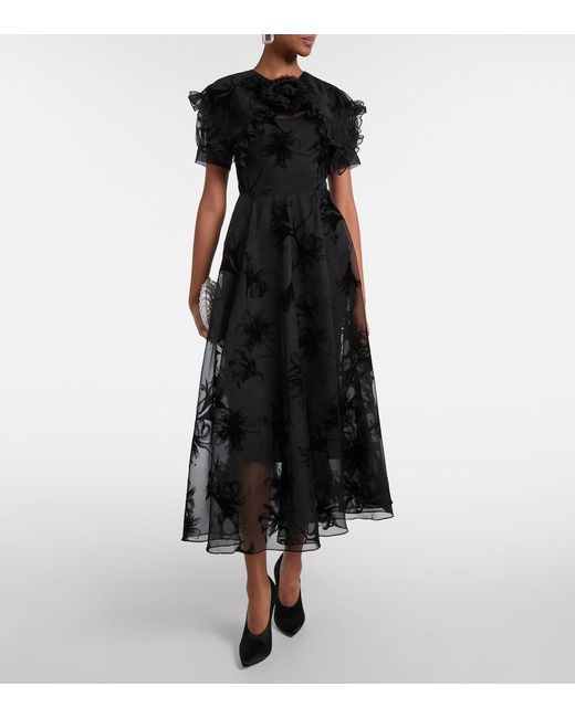 Rodarte Black Ruffled Floral Organza Midi Dress