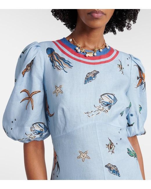 ALÉMAIS Blue Printed Linen Midi Dress