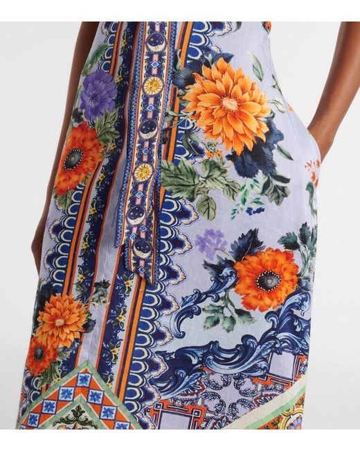 Camilla Blue Printed Linen And Silk Maxi Dress