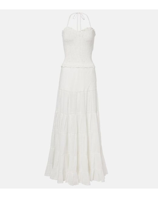 Poupette White Foe Shirred Cotton Maxi Dress