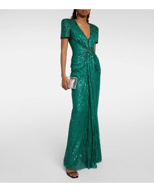 Jenny Packham Green Momoka Embellished Sequined Tulle Gown