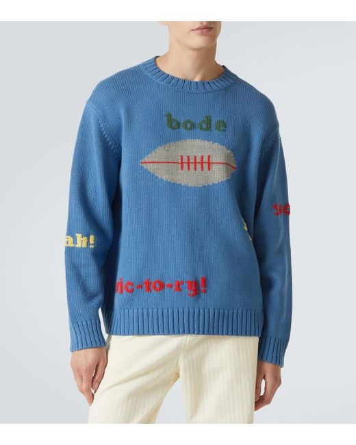 Bode Blue Spirit Embroidered Cotton And Wool Sweater for men