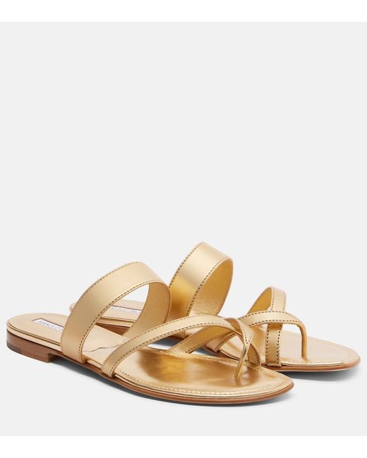 Manolo Blahnik Natural Susa Metallic Leather Sandals