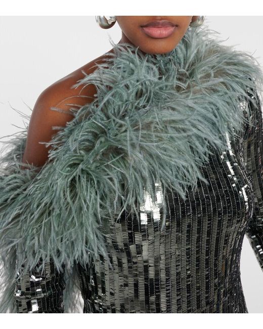 Taller Marmo Gray Garbo Disco Feather-Trimmed Sequined Gown