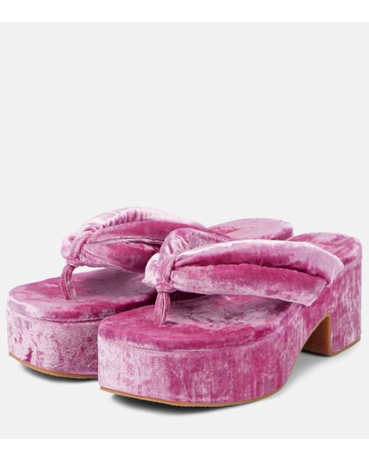 Dries Van Noten Pink Velvet Platform Thong Sandals