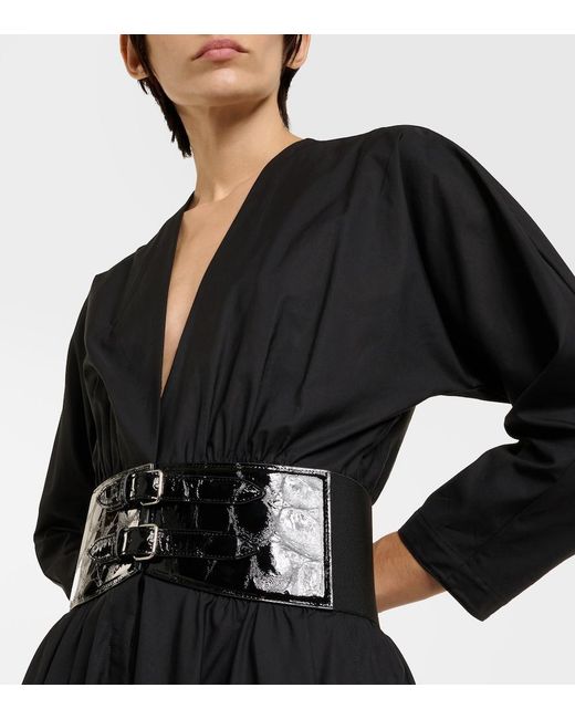 Alaïa Black Leather-Trimmed Cotton Midi Dress