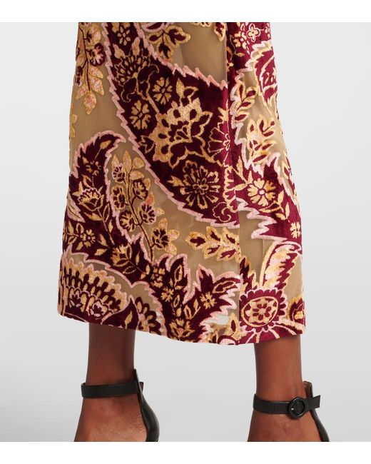 Etro Red Paisley Velvet And Tulle Jacquard Midi Dress