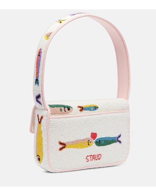 Staud White Tommy Beaded Shoulder Bag