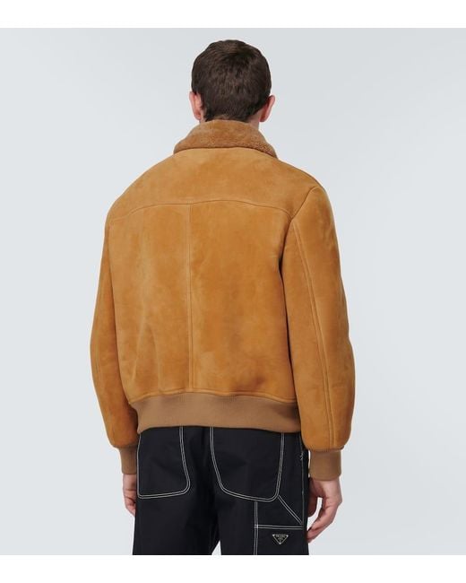Prada Brown Shearling-Trimmed Suede Bomber Jacket
