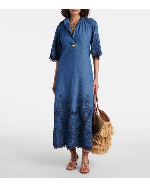 Zimmermann Blue Besticktes Maxikleid Coco Aus Denim