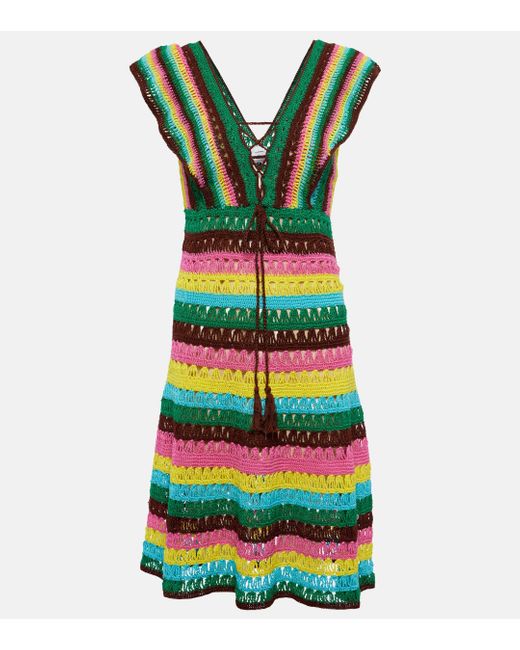 Anna Kosturova Green Striped Crochet Cotton Minidress