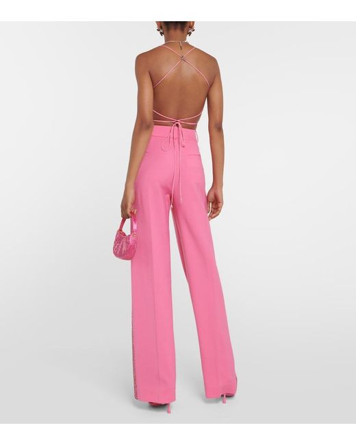 Area Pink Embellished Wool Wide-Leg Pants