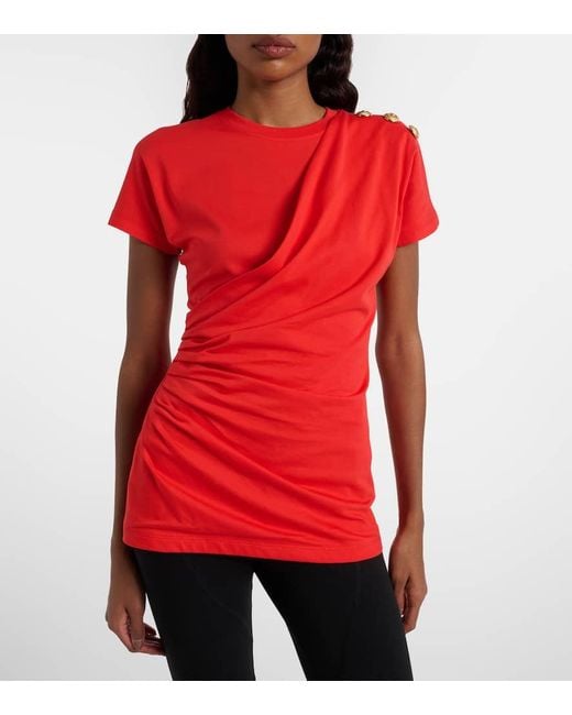Camiseta De Jersey De Algodon Drapeado Balmain de color Red