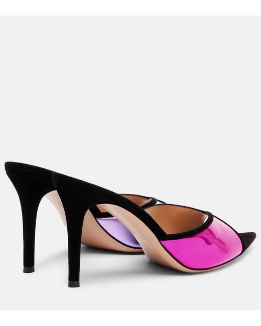 Gianvito Rossi Pink Confetti Suede-Trimmed Metallic Leather Mules