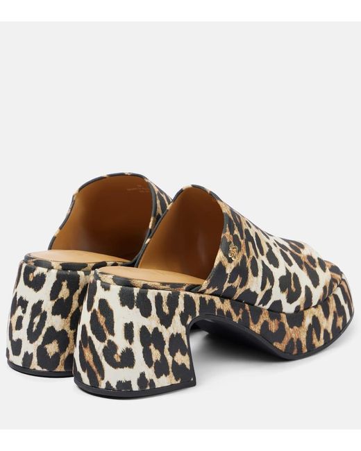 Ganni Brown Leopard-Print Satin Platform Mules