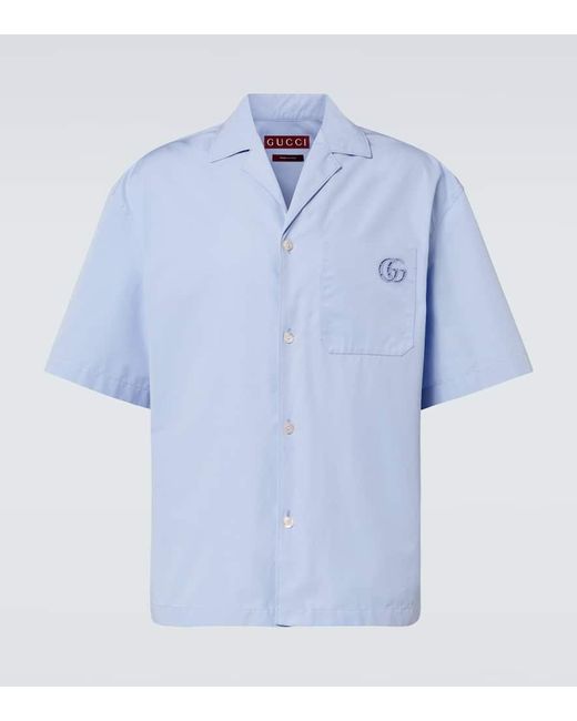 Gucci Blue Double G Cotton Poplin Bowling Shirt for men