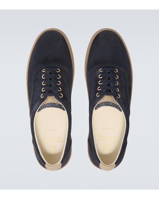 Brunello Cucinelli Blue Leather-Trimmed Suede Sneakers for men