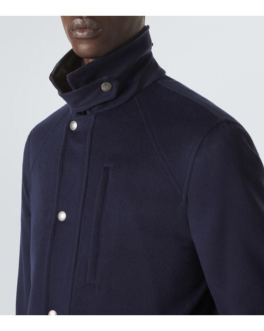 Brunello Cucinelli Blue Leather-Trimmed Wool Jacket for men