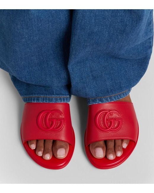 Gucci Red Double G Leather Slides