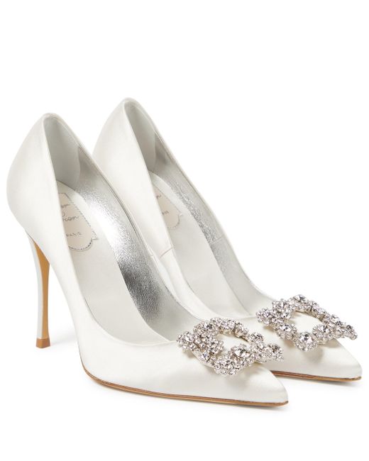 Roger Vivier Flower Strass 100 Satin Pumps in White - Lyst