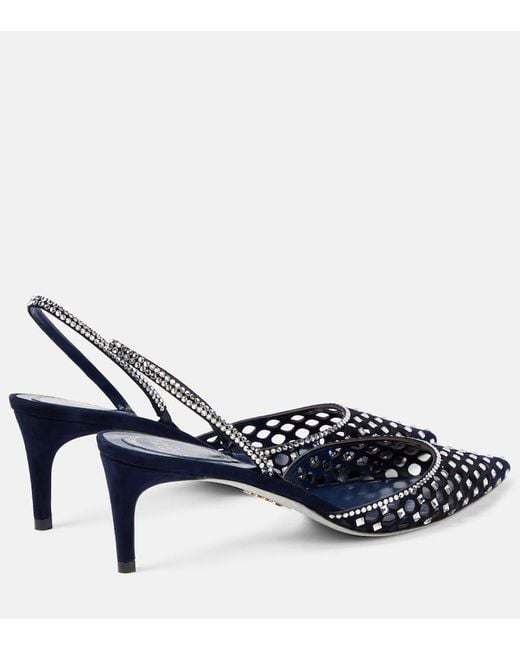 Rene Caovilla Blue Carrie Embellished Suede Slingback Pumps