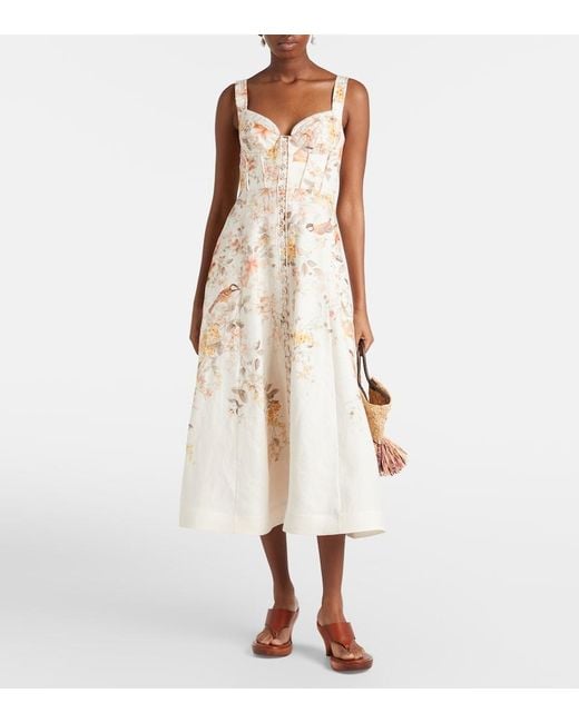 Zimmermann Natural Luna Printed Linen Midi Dress