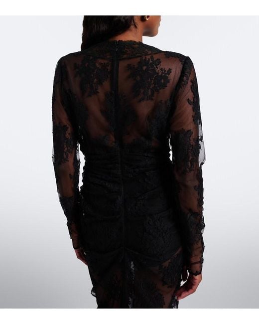 Dolce & Gabbana Black Gathered Cotton-Blend Lace Midi Dress