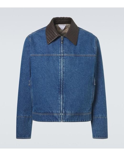 Bottega Veneta Blue Leather-Trimmed Denim Jacket for men
