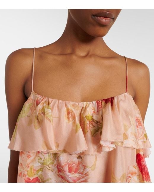 Zimmermann Pink Roselight Floral Ruffled Silk Camisole