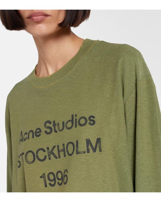 Acne Green Logo Printed Cotton And Hemp T-Shirt