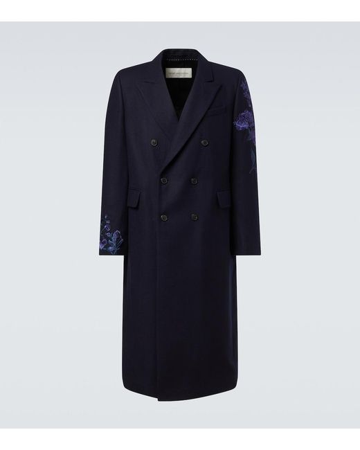 Dries Van Noten Blue Floral Double-Breasted Wool Coat for men