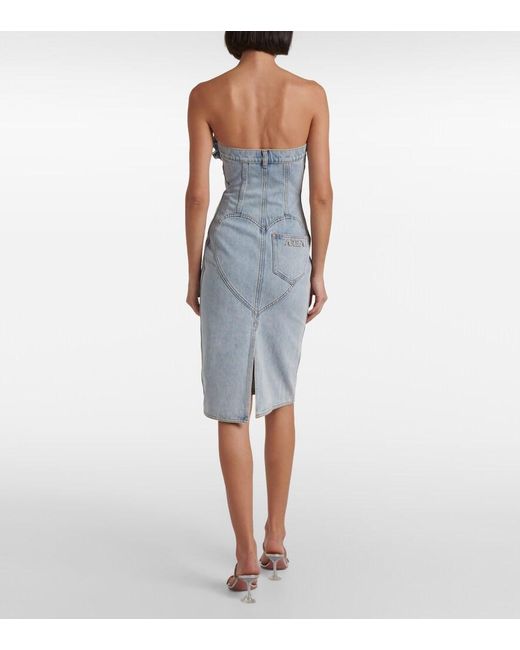 Area Blue Floral-Applique Denim Midi Dress