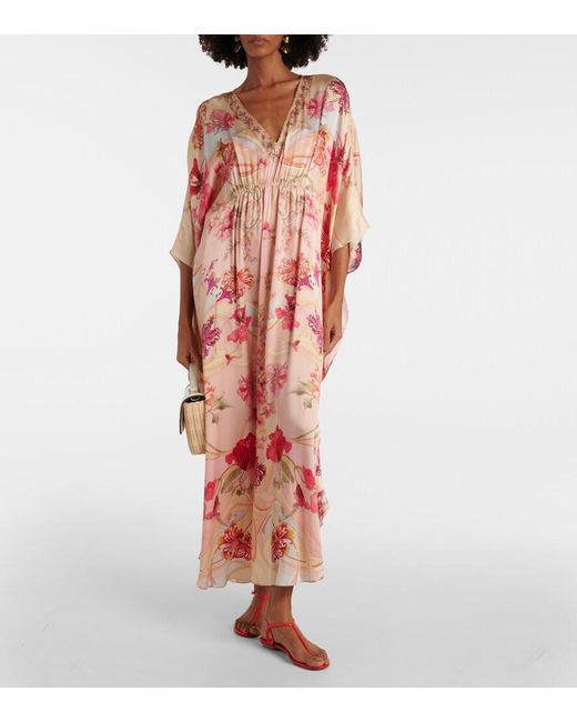 Camilla Pink Embellished Floral Silk Kaftan