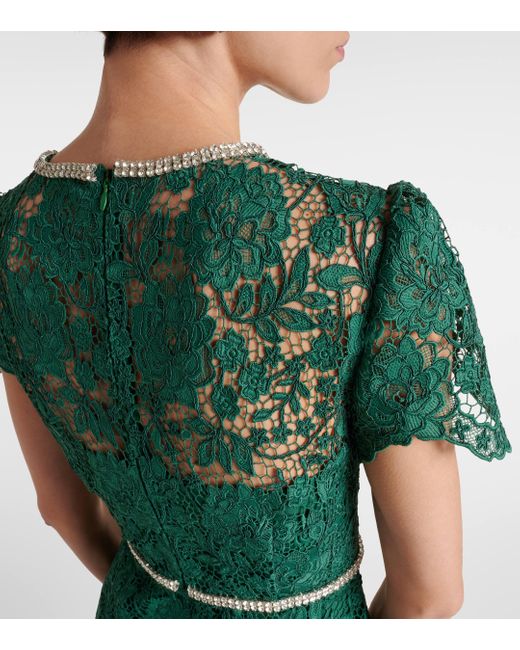 Self-Portrait Green Bow-Detail Embellished Lace Midi Dress