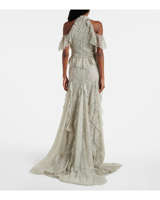 Costarellos White Rhodine Embellished Halterneck Lace Gown