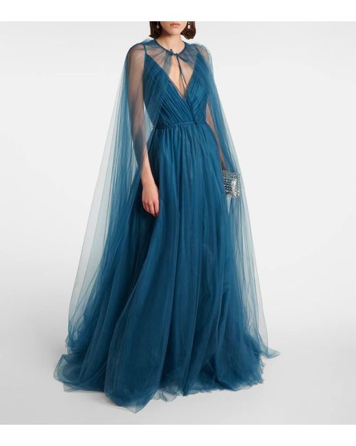 Costarellos Blue Cassandra Caped Tulle Gown