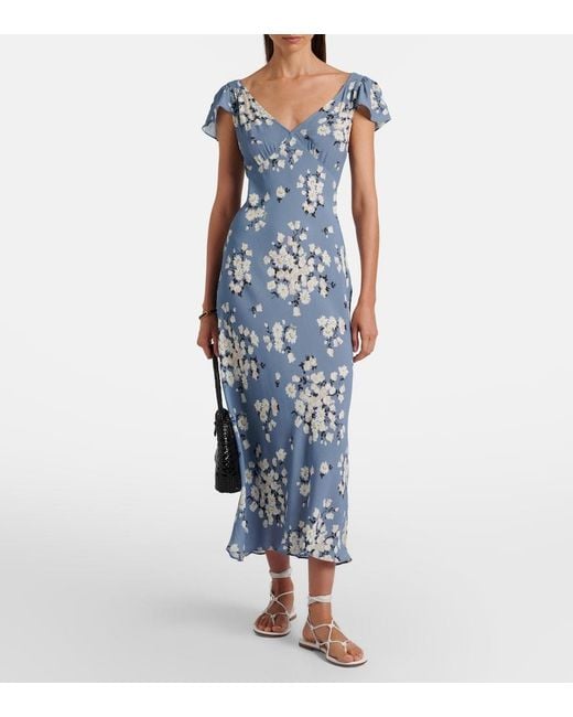 Rixo Blue Cathy Floral Crepe Midi Dress