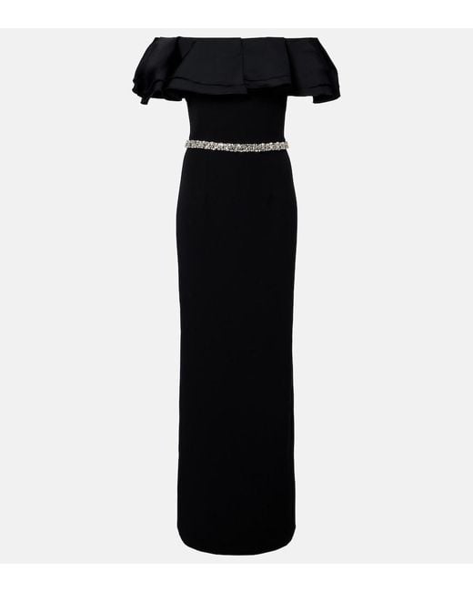 Safiyaa Black Ryan Crystal-Embellished Ruffled Crepe Gown