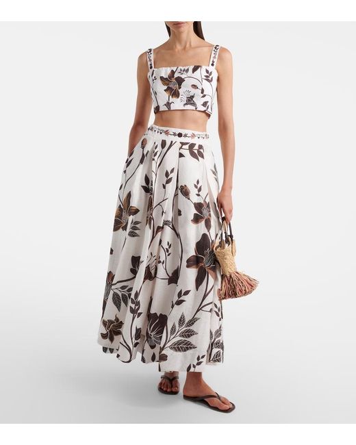 Agua Bendita White Delta Floral Linen Maxi Skirt