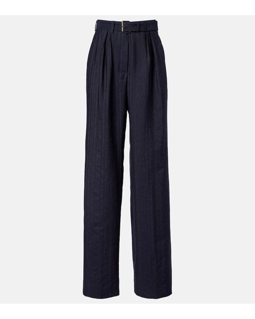 Dries Van Noten Blue Belted Wool Wide-Leg Pants