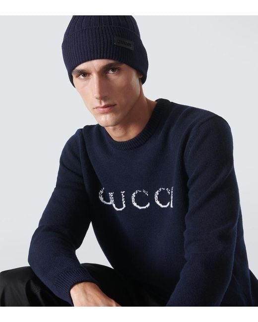 Gucci Blue Rib Knit Wool Hat for men