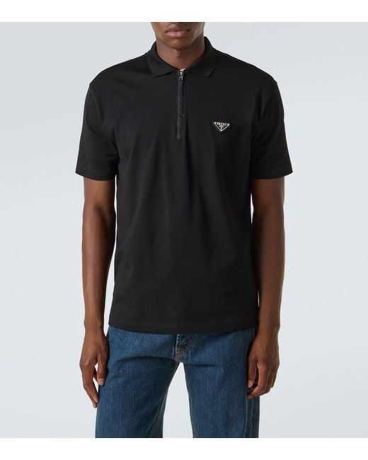 Prada Black Re-Nylon-Trimmed Cotton Pique Polo Shirt for men