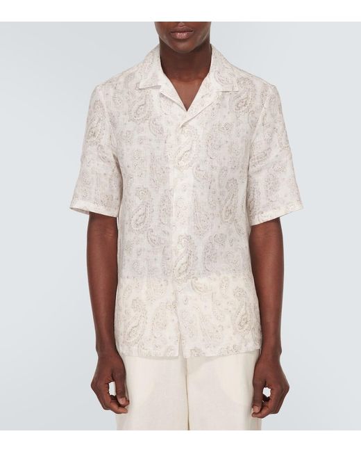 Camisa bowling de lino con paisley Brunello Cucinelli de hombre de color White